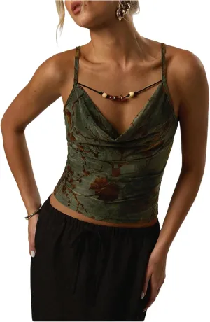 Milumia Women's Floral Print Beaded Cowl Neck Cami Top Vintage Summer Camisoles