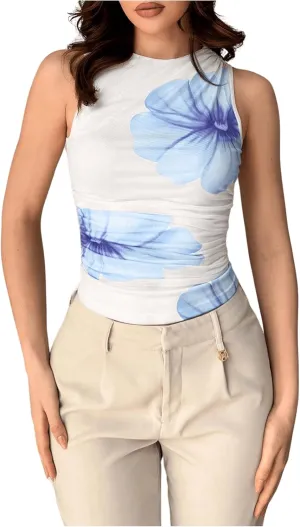 Milumia Women's Flower Print Mesh Top Sleeveless Mock Neck Ruched Tank Tops