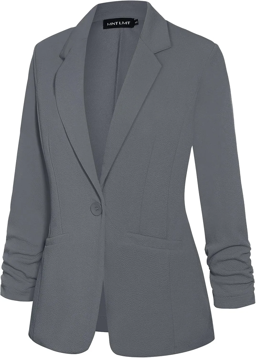 MINTLIMIT Women's Casual Blazer 3/4 Ruched Sleeve Open Front Button Work Office Blazer Jackets with Pockets