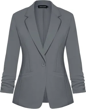 MINTLIMIT Women's Casual Blazer 3/4 Ruched Sleeve Open Front Button Work Office Blazer Jackets with Pockets