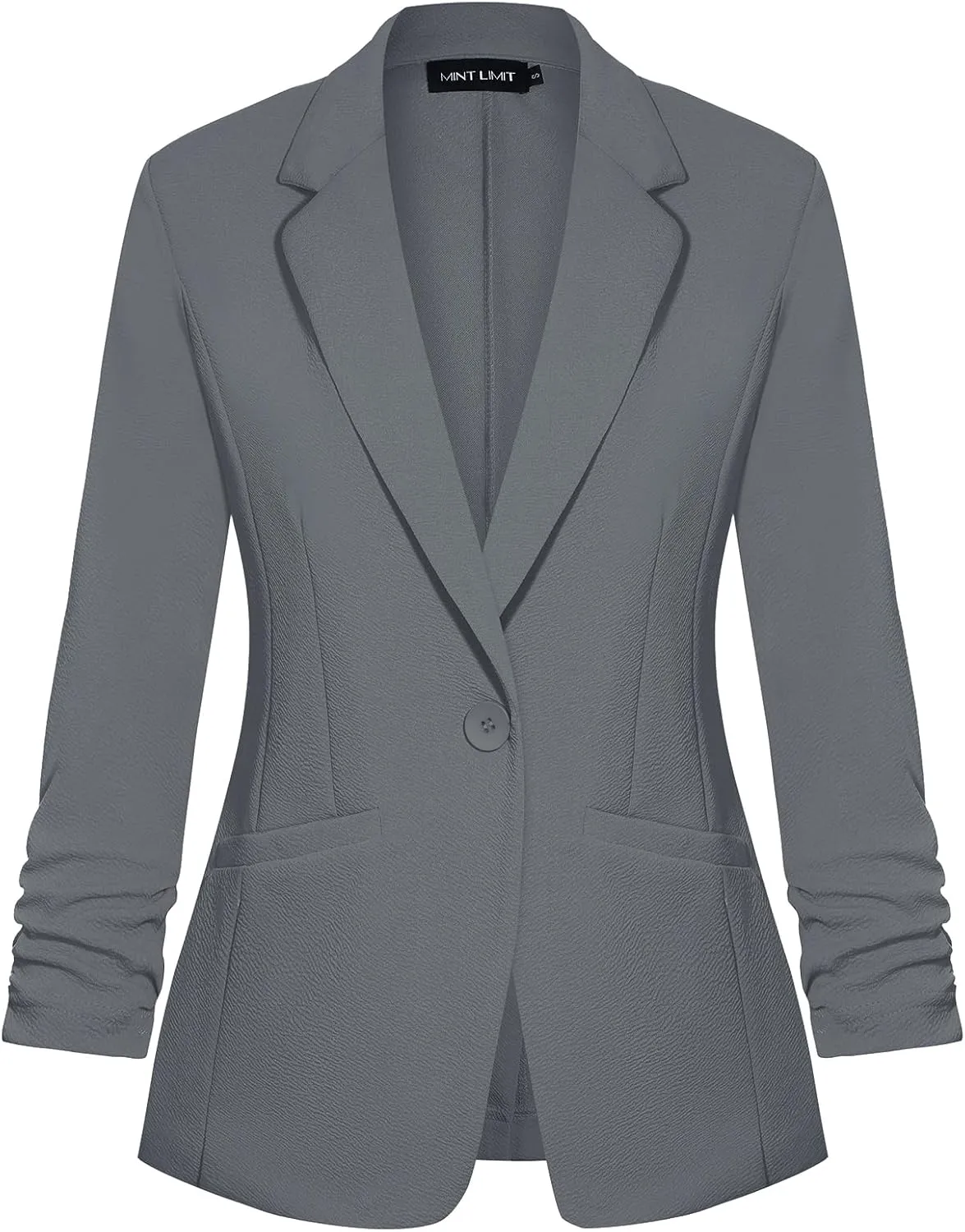 MINTLIMIT Women's Casual Blazer 3/4 Ruched Sleeve Open Front Button Work Office Blazer Jackets with Pockets