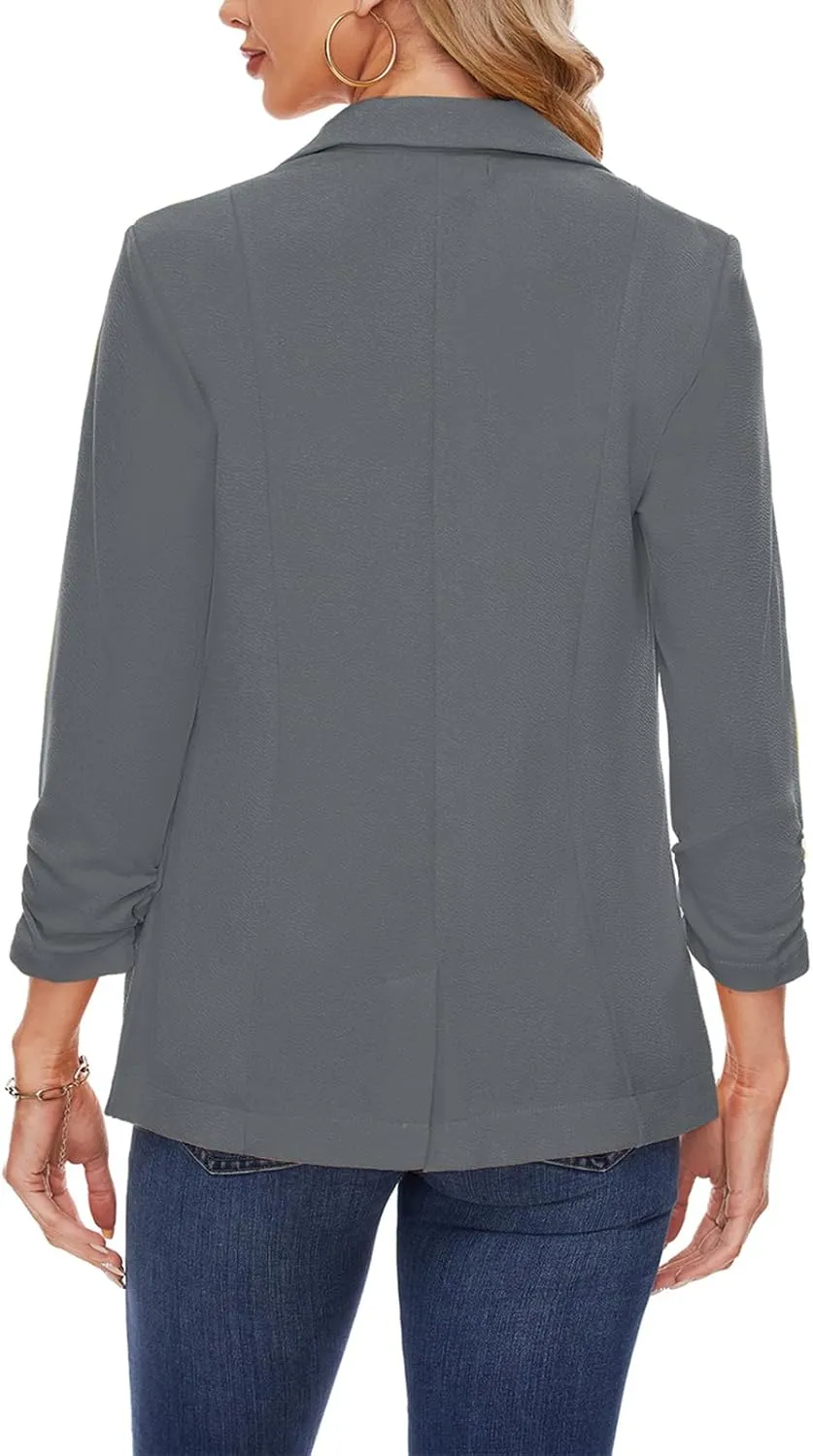 MINTLIMIT Women's Casual Blazer 3/4 Ruched Sleeve Open Front Button Work Office Blazer Jackets with Pockets