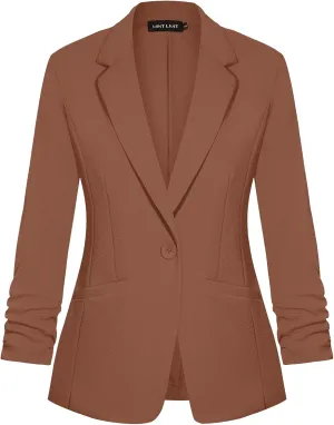 MINTLIMIT Women's Casual Blazer 3/4 Ruched Sleeve Open Front Button Work Office Blazer Jackets with Pockets