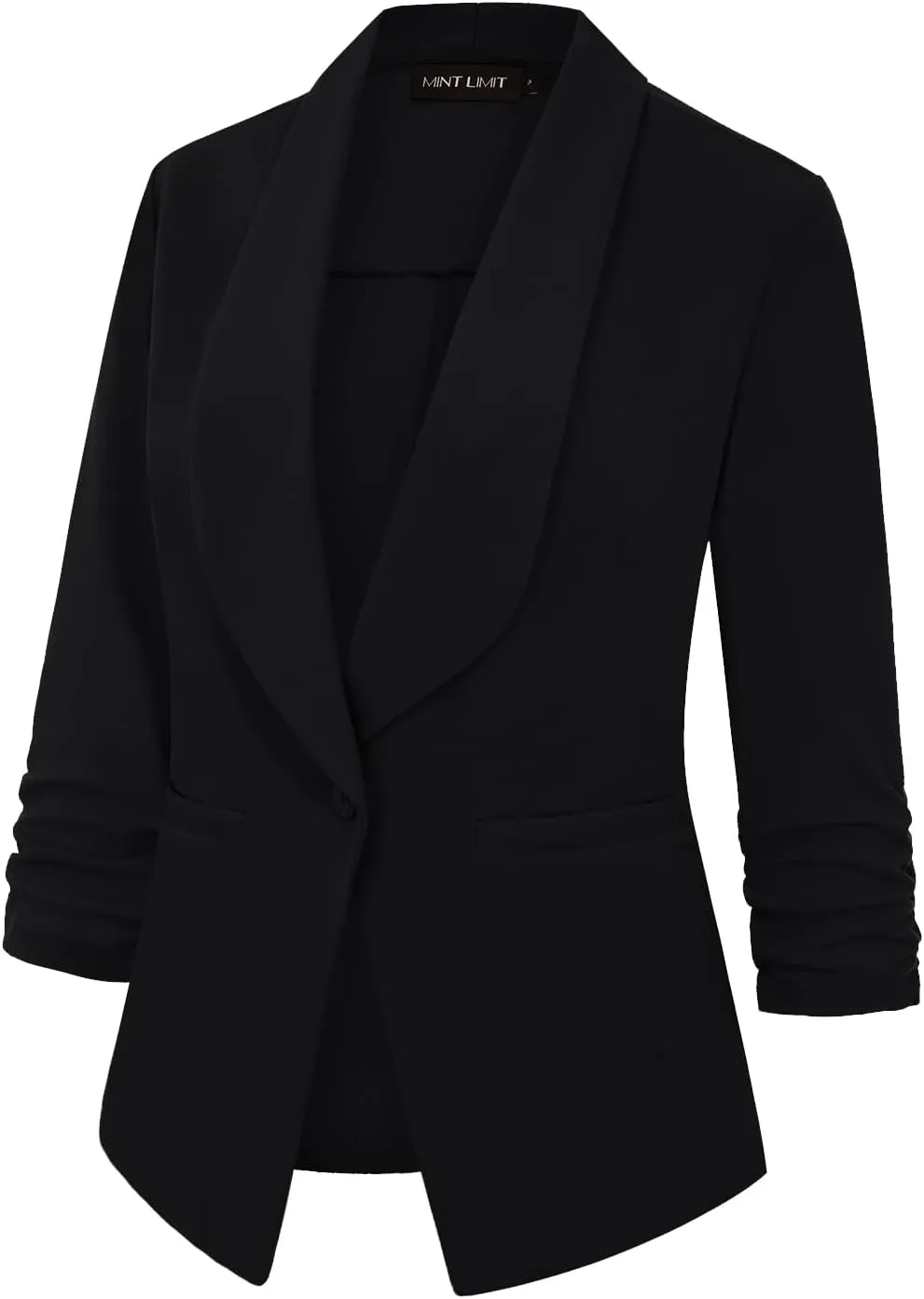 MINTLIMIT Women's Casual Blazer 3/4 Ruched Sleeve Open Front Button Work Office Cardigan Suit Jackets with Pocket