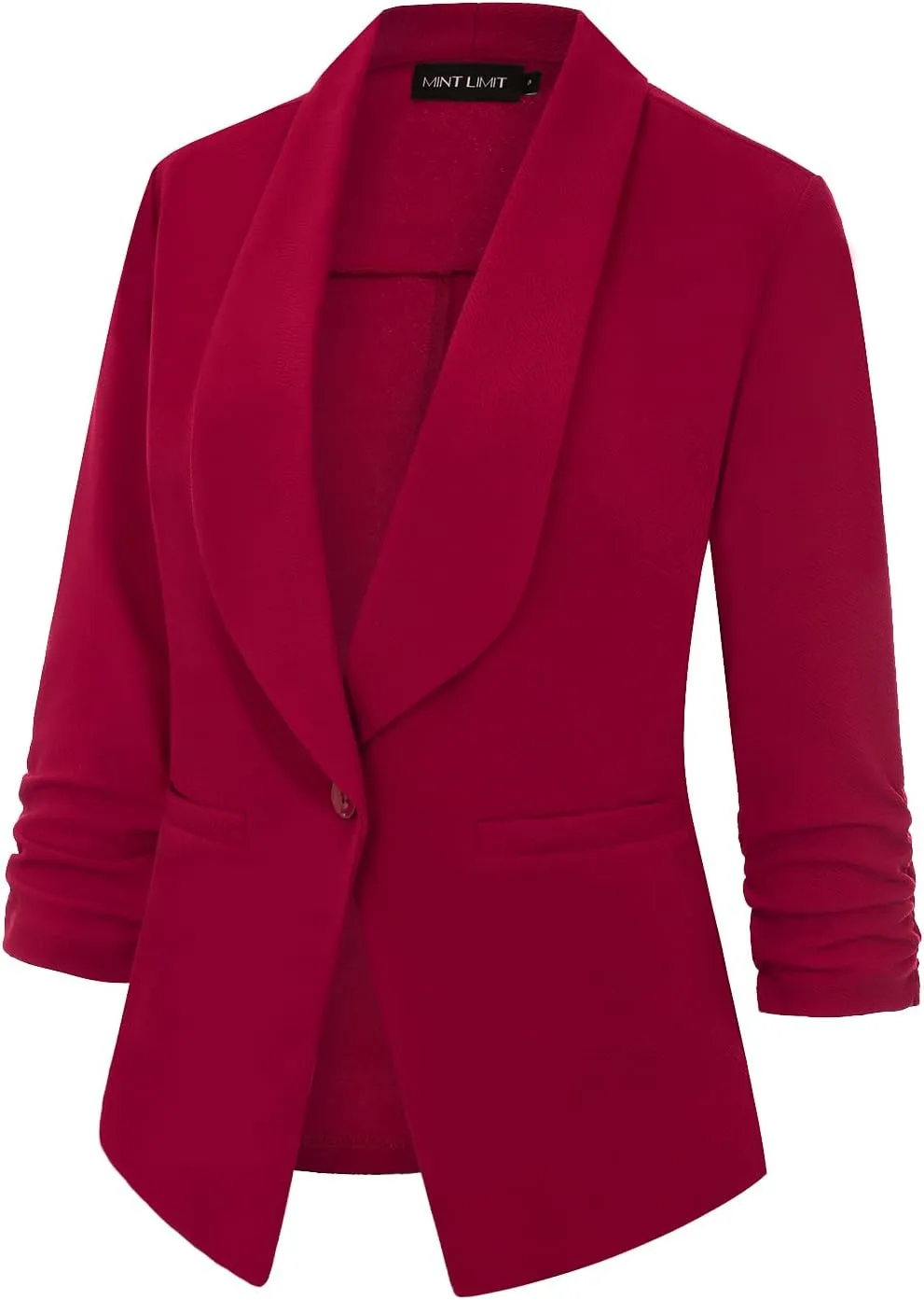 MINTLIMIT Women's Casual Blazer 3/4 Ruched Sleeve Open Front Button Work Office Cardigan Suit Jackets with Pocket