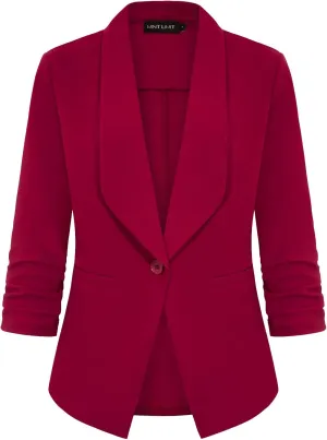 MINTLIMIT Women's Casual Blazer 3/4 Ruched Sleeve Open Front Button Work Office Cardigan Suit Jackets with Pocket