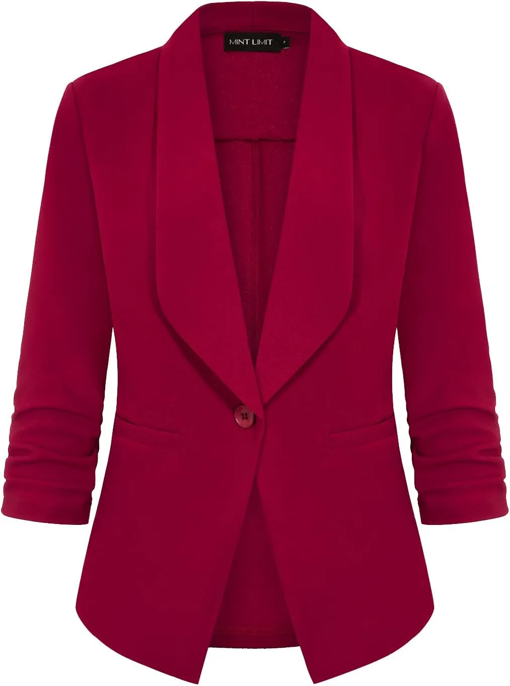 MINTLIMIT Women's Casual Blazer 3/4 Ruched Sleeve Open Front Button Work Office Cardigan Suit Jackets with Pocket