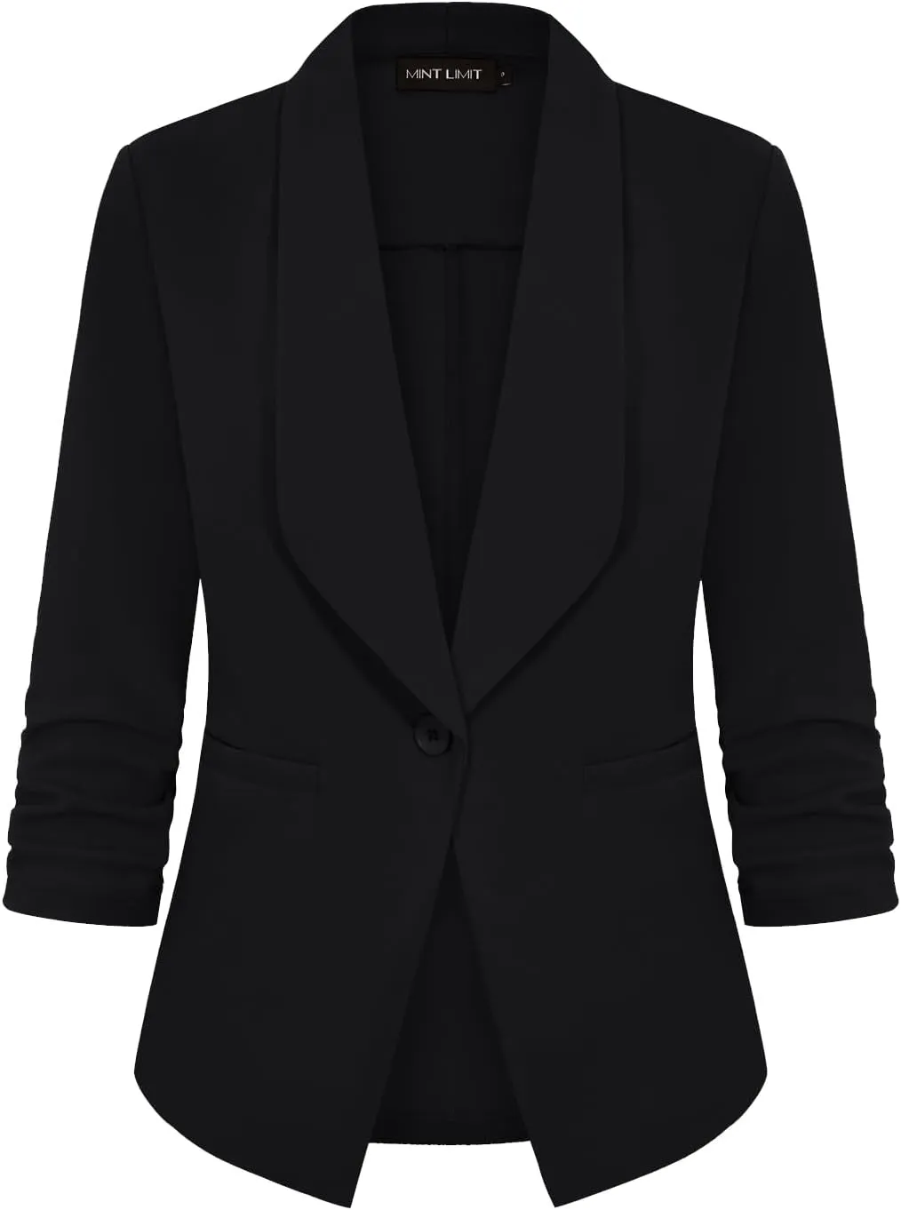 MINTLIMIT Women's Casual Blazer 3/4 Ruched Sleeve Open Front Button Work Office Cardigan Suit Jackets with Pocket