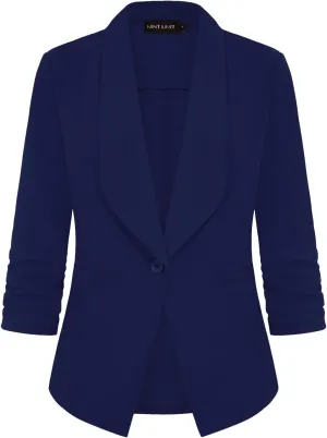 MINTLIMIT Women's Casual Blazer 3/4 Ruched Sleeve Open Front Button Work Office Cardigan Suit Jackets with Pocket