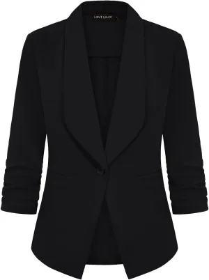 MINTLIMIT Women's Casual Blazer 3/4 Ruched Sleeve Open Front Button Work Office Cardigan Suit Jackets with Pocket