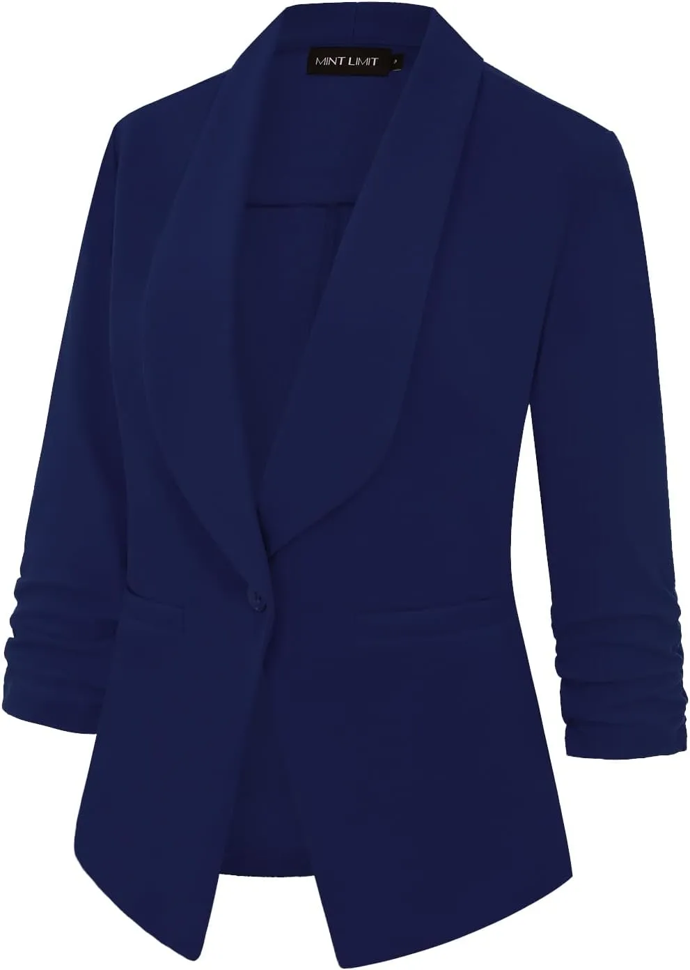 MINTLIMIT Women's Casual Blazer 3/4 Ruched Sleeve Open Front Button Work Office Cardigan Suit Jackets with Pocket