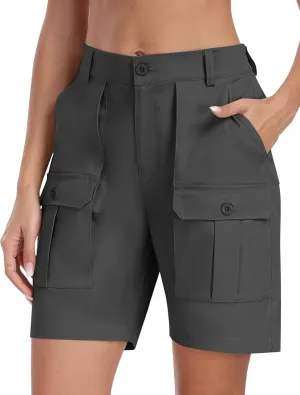 MoFiz Women's Cargo Bermuda Shorts Long Cotton Hiking Twill Chino Shorts Elastic Waist for Summer Casual Golf Travel Outdoor