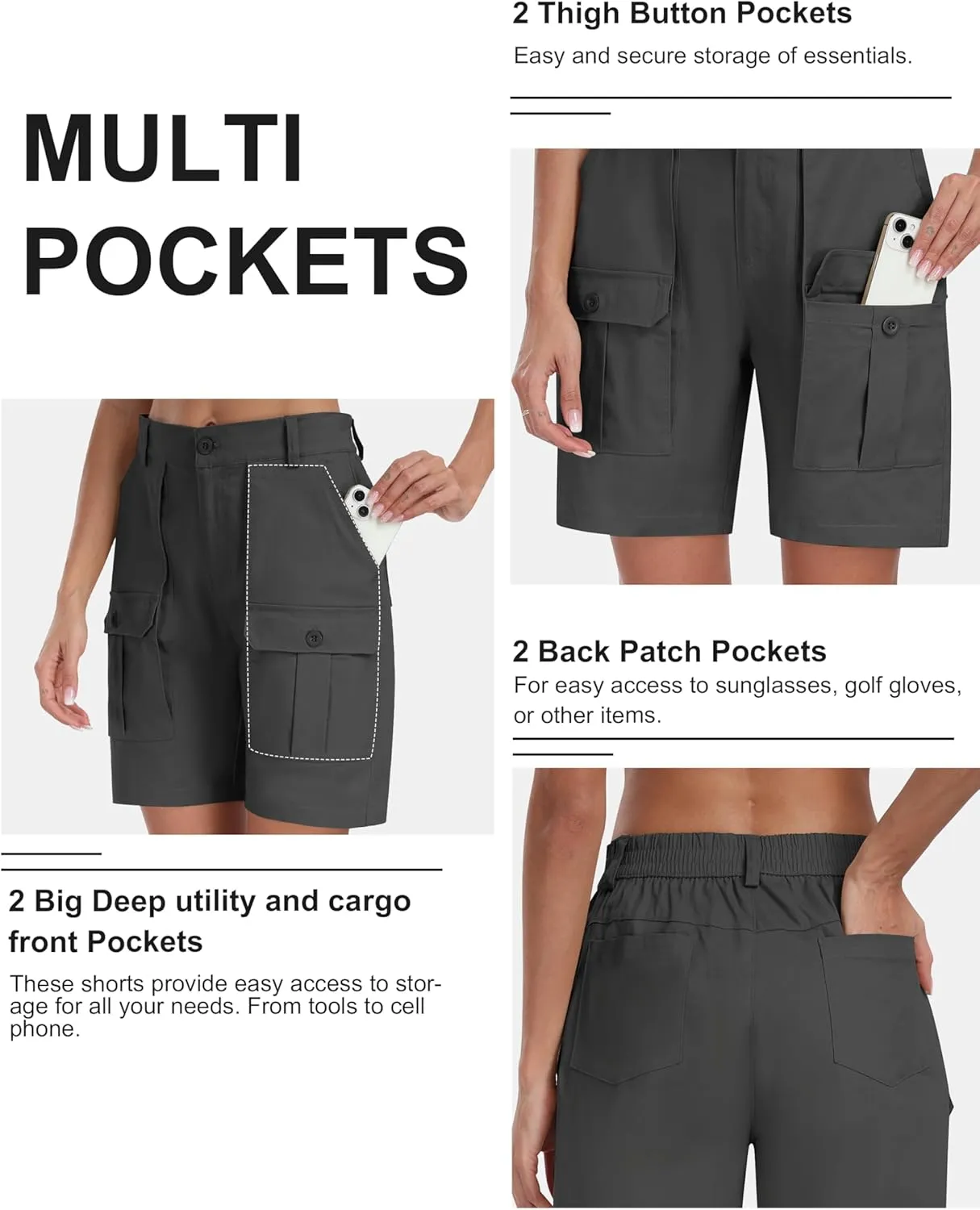 MoFiz Women's Cargo Bermuda Shorts Long Cotton Hiking Twill Chino Shorts Elastic Waist for Summer Casual Golf Travel Outdoor