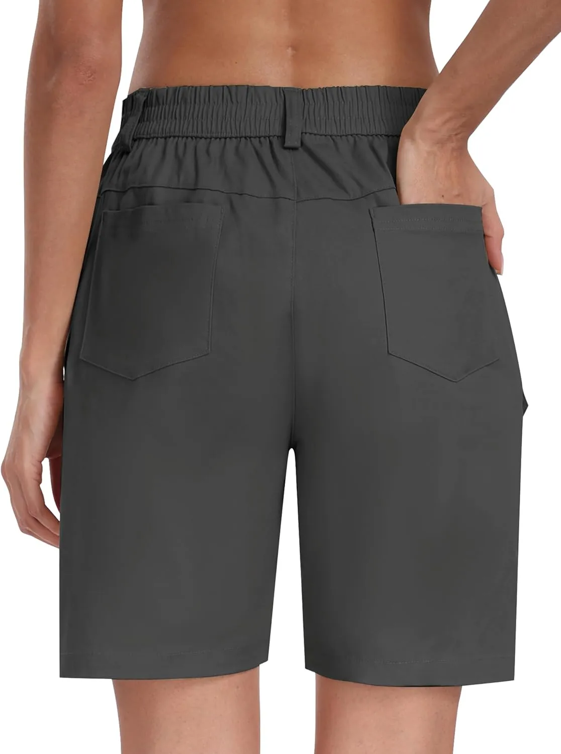 MoFiz Women's Cargo Bermuda Shorts Long Cotton Hiking Twill Chino Shorts Elastic Waist for Summer Casual Golf Travel Outdoor