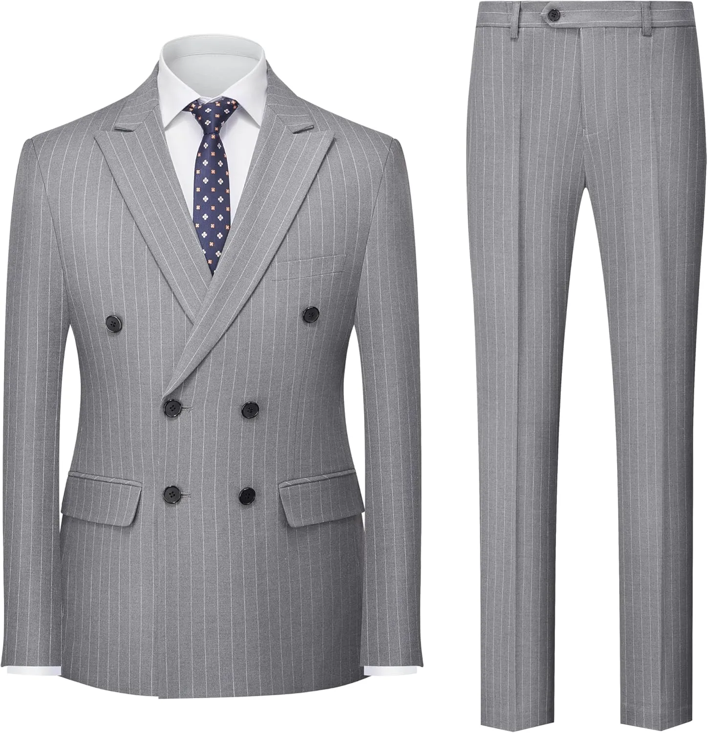 MOGU Mens Double Breasted Pinstripe Suit 2 Piece Slim Fit Tuxedo Formal Jacket and Pants for Business Wedding Prom