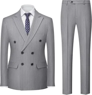 MOGU Mens Double Breasted Pinstripe Suit 2 Piece Slim Fit Tuxedo Formal Jacket and Pants for Business Wedding Prom