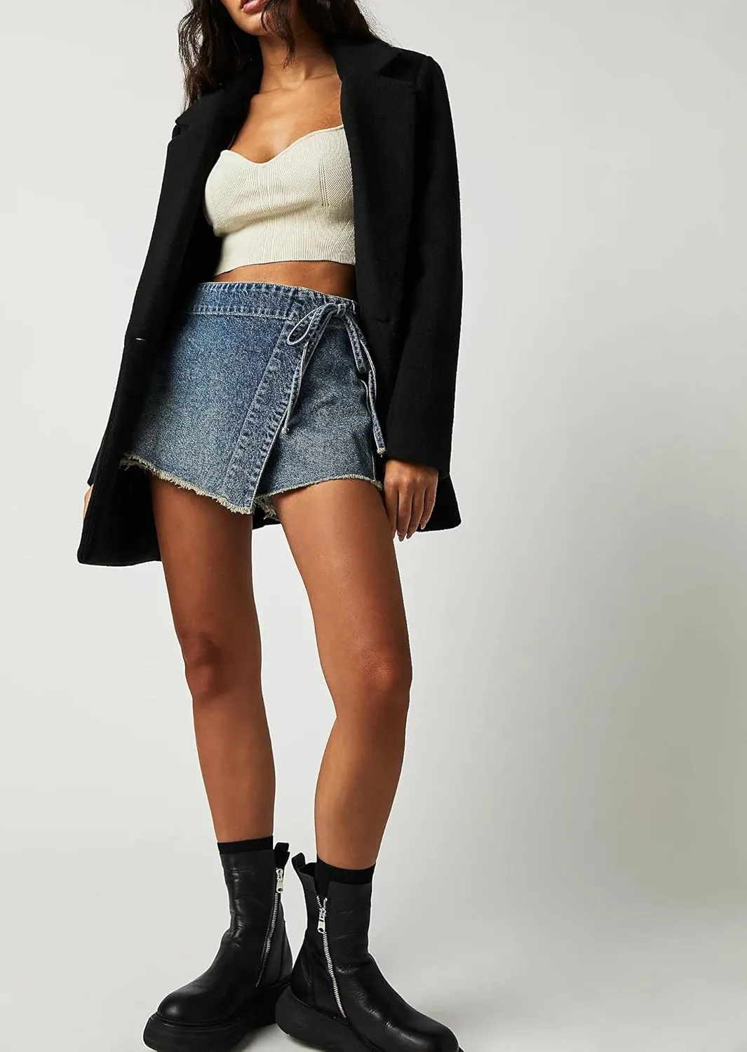 Mxiqqpltky Womens Denim Skorts Skirts Y2k High Waist Frayed Hem Denim Shorts Tie-up Side Jean Shorts Wrap Skirt