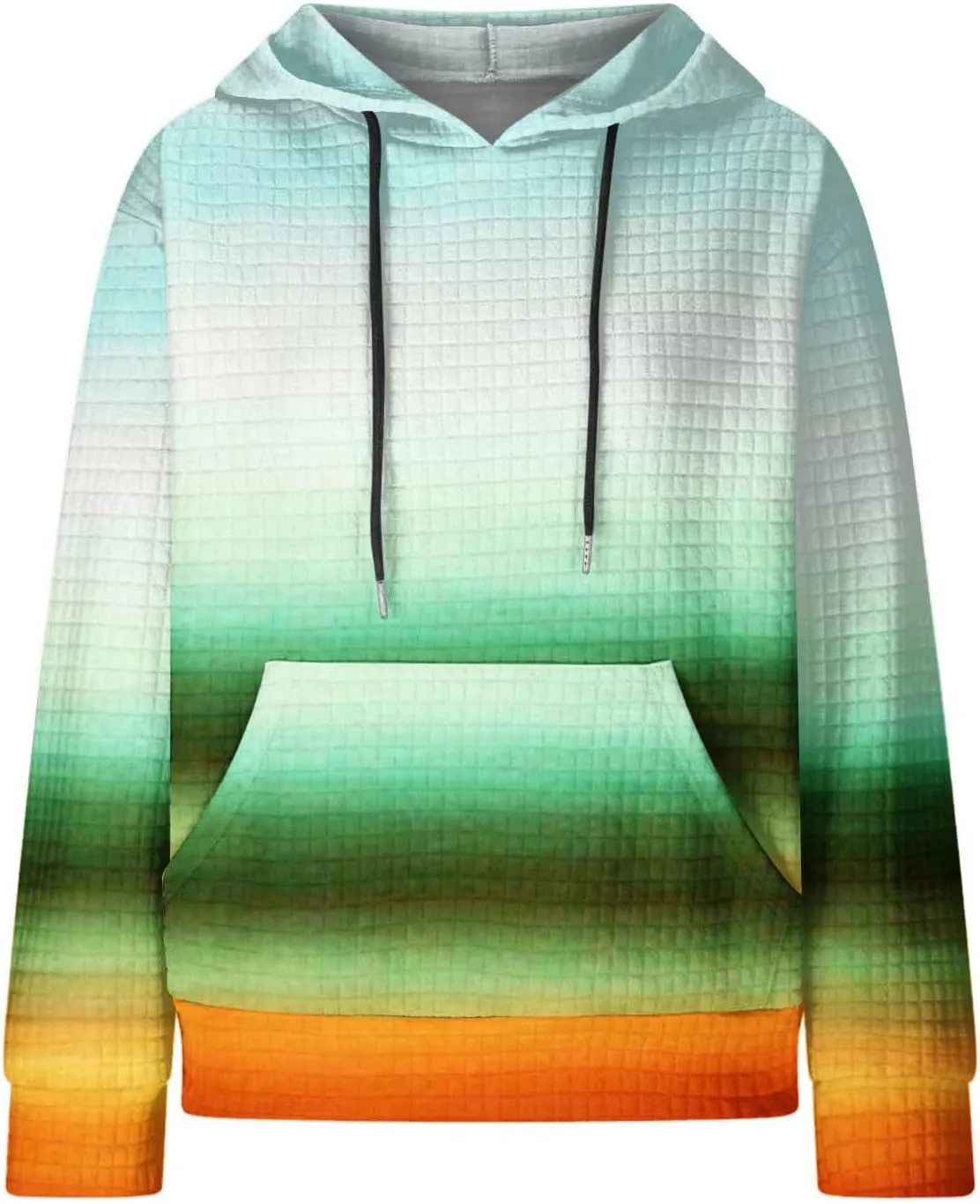 Mzkdieey Women's Fashion Long Sleeve Striped Color Block Waffle Knit Hoodie Oversized Crew Neck Loose Pullover Jumper Tops