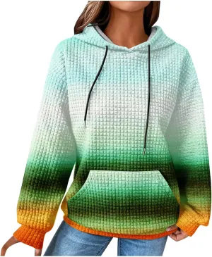 Mzkdieey Women's Fashion Long Sleeve Striped Color Block Waffle Knit Hoodie Oversized Crew Neck Loose Pullover Jumper Tops