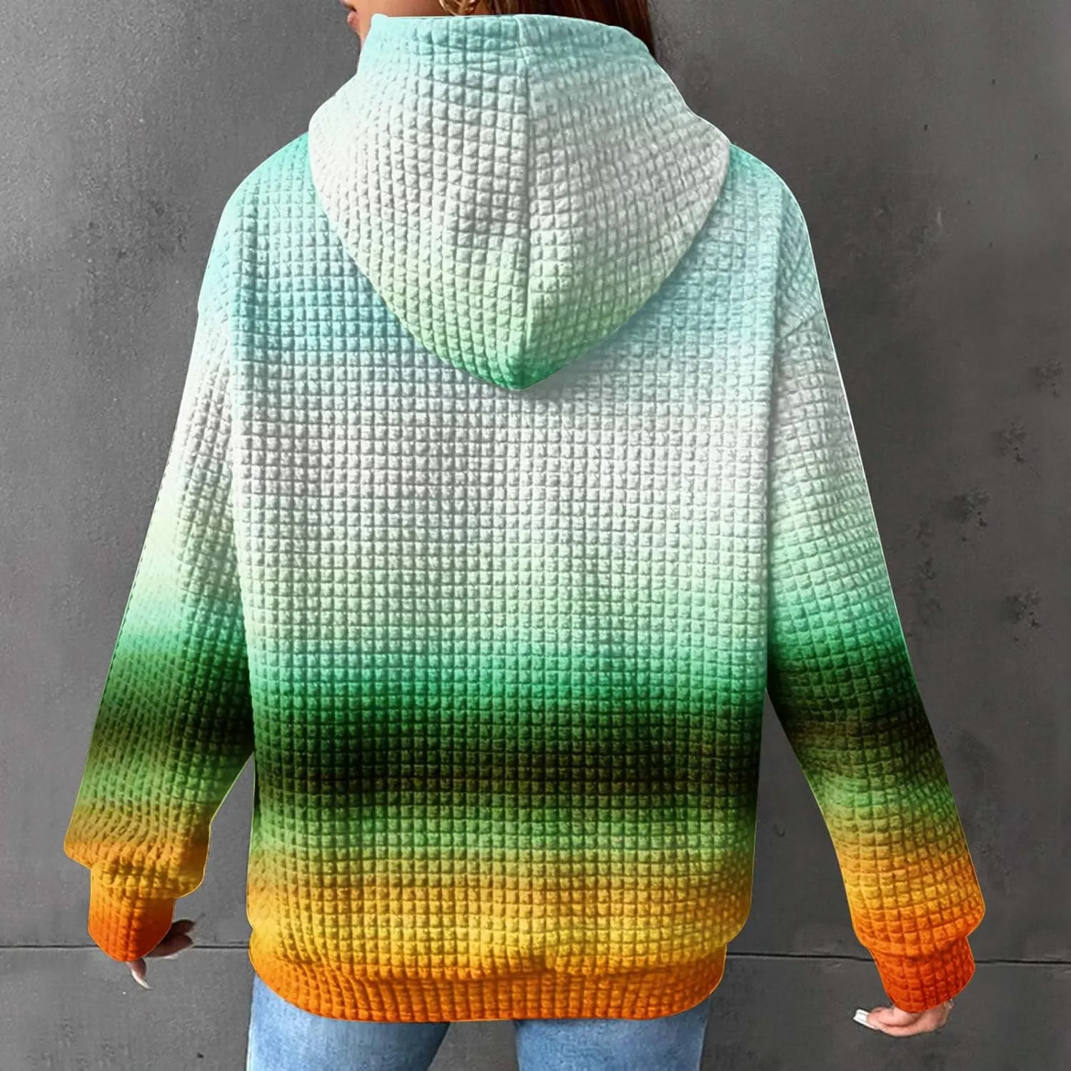Mzkdieey Women's Fashion Long Sleeve Striped Color Block Waffle Knit Hoodie Oversized Crew Neck Loose Pullover Jumper Tops