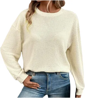 Mzkdieey Womens Waffle Knit Sweatshirts Oversized Crewneck Sweater 2024 Long Sleeve Solid Color Pullover Jumper Tops