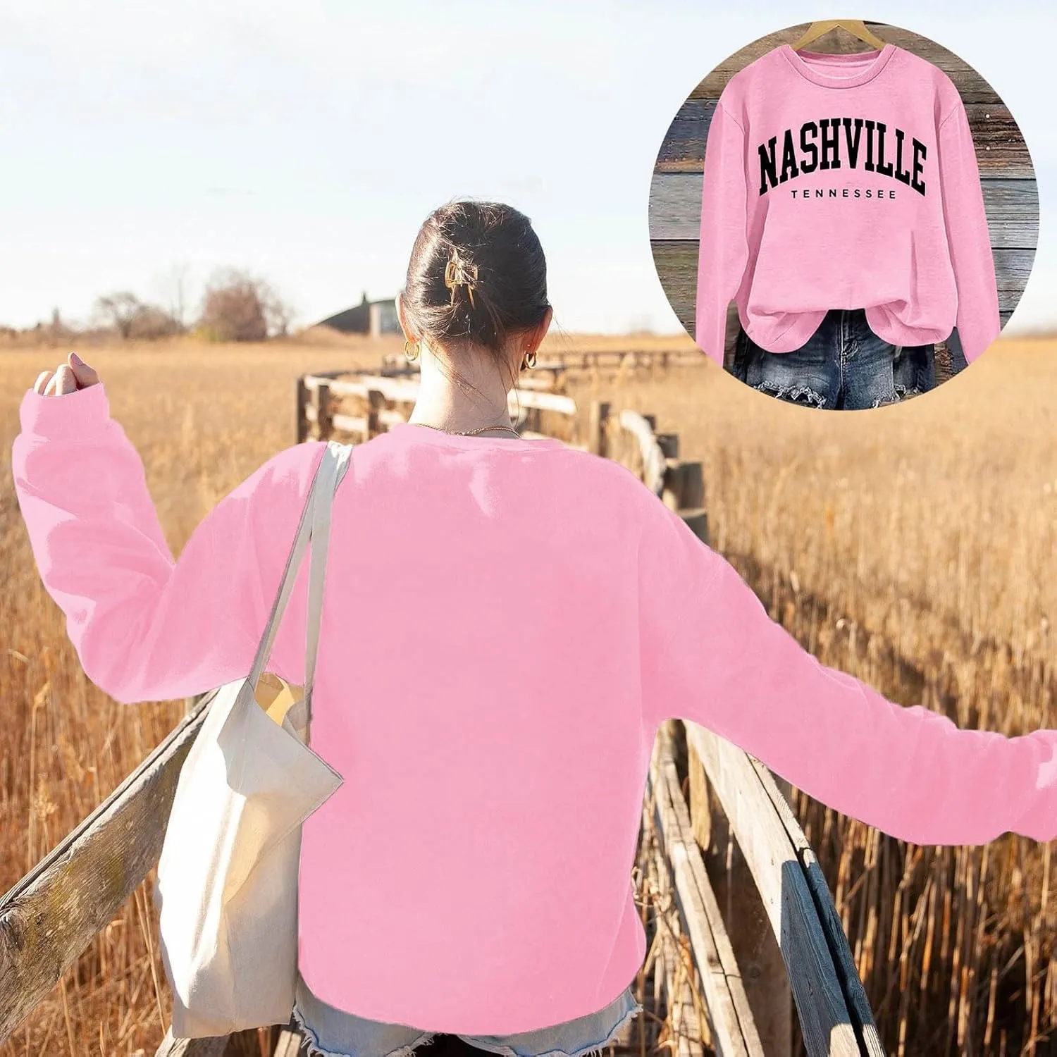 Nashville Print Womens Sweatshirts Trendy Long Sleeve Hoodies Crewneck Pullover Top Fall Fashion Preppy Clothes