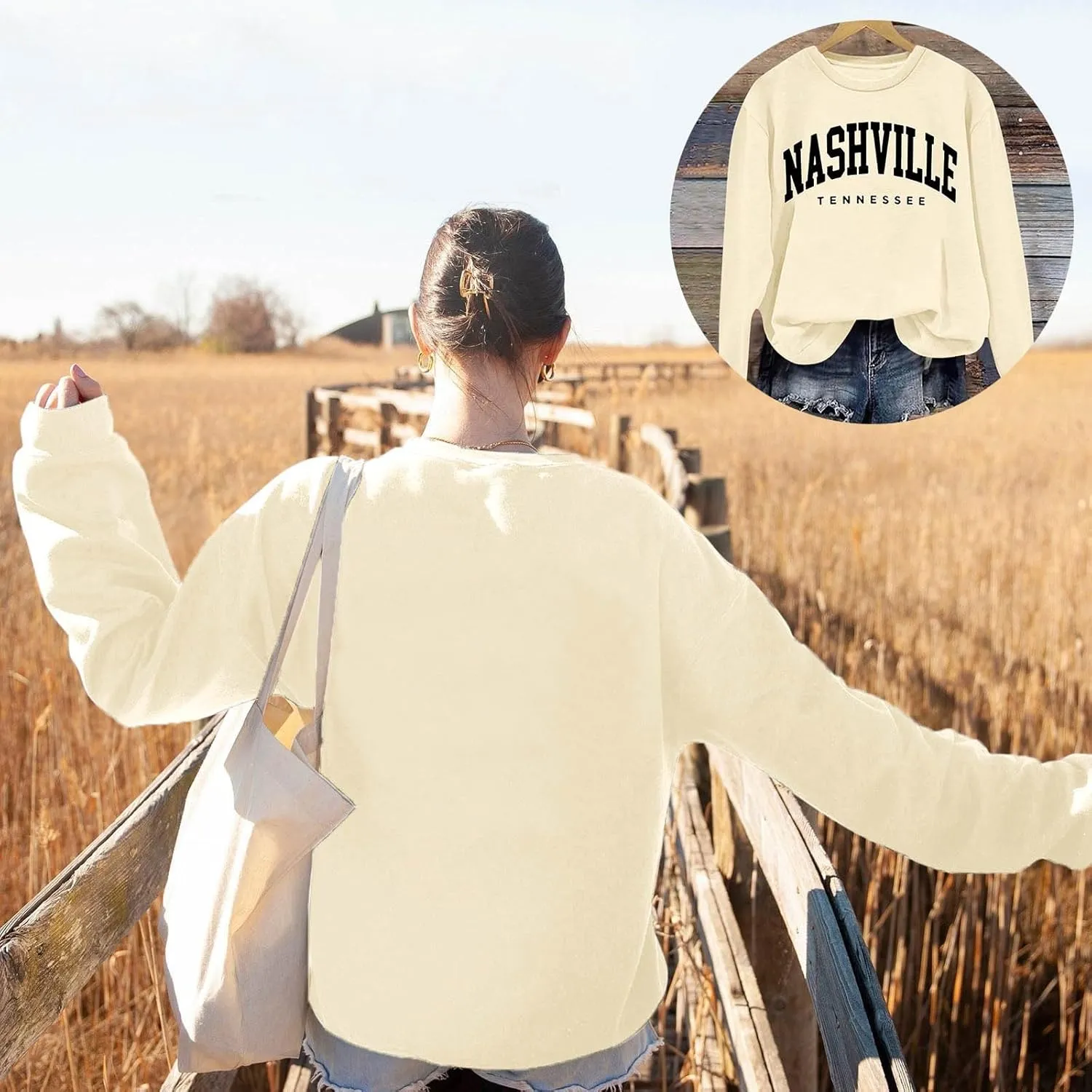 Nashville Print Womens Sweatshirts Trendy Long Sleeve Hoodies Crewneck Pullover Top Fall Fashion Preppy Clothes