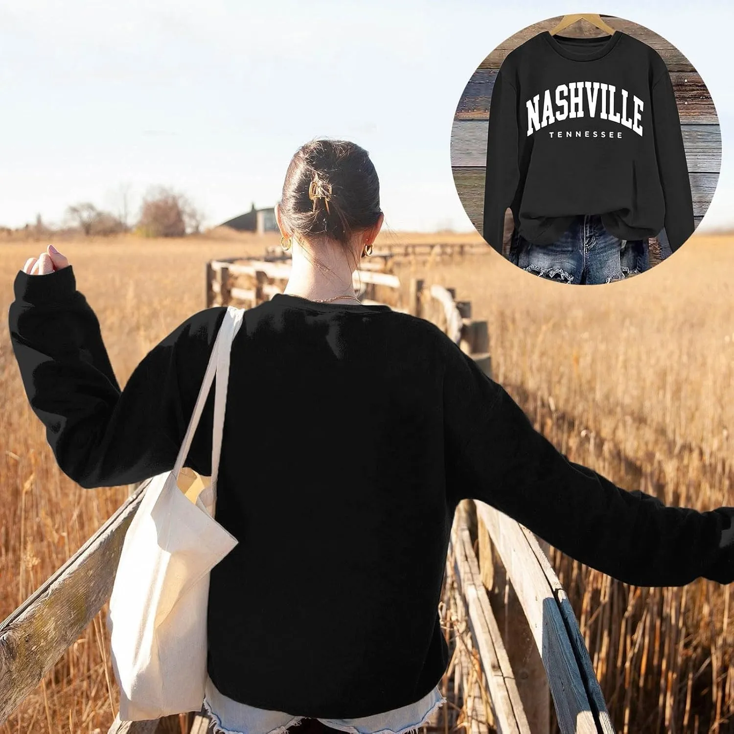 Nashville Print Womens Sweatshirts Trendy Long Sleeve Hoodies Crewneck Pullover Top Fall Fashion Preppy Clothes