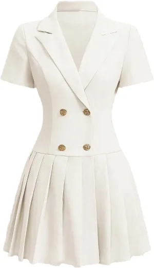Nihsatin Women's Double Breasted Blazer Jacket Lapel Collar Short Sleeve Pleated Hem Blazer Dress