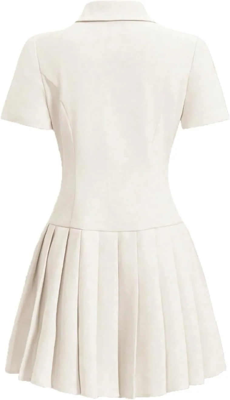 Nihsatin Women's Double Breasted Blazer Jacket Lapel Collar Short Sleeve Pleated Hem Blazer Dress
