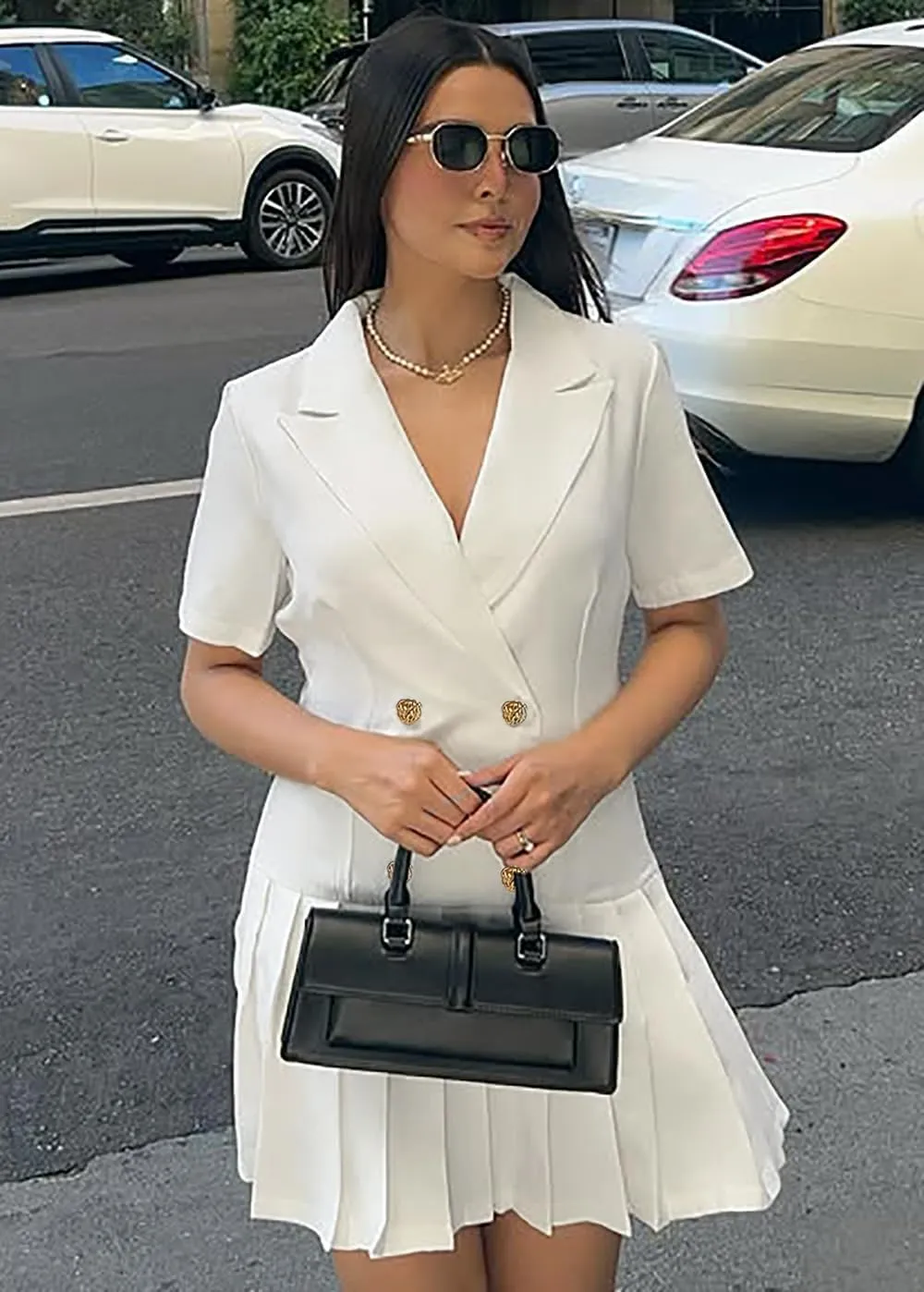 Nihsatin Women's Double Breasted Blazer Jacket Lapel Collar Short Sleeve Pleated Hem Blazer Dress