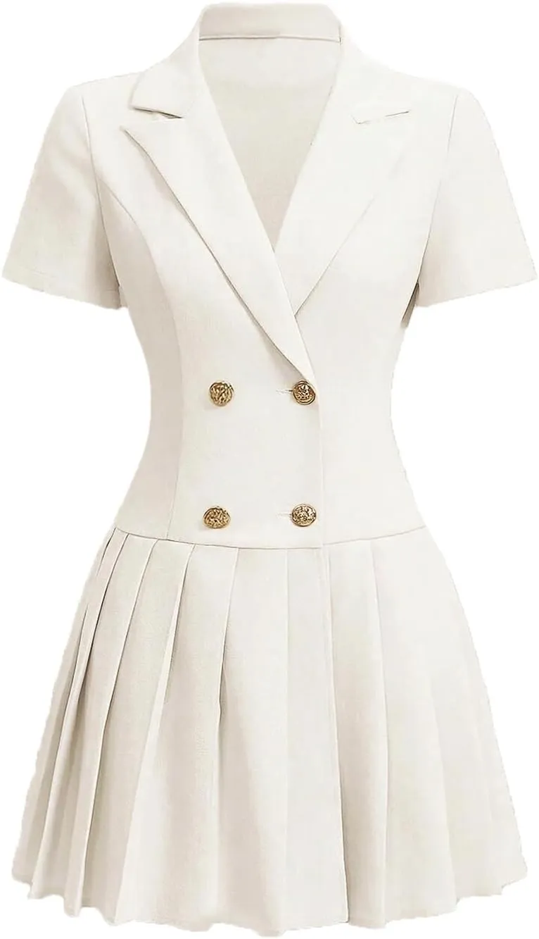 Nihsatin Women's Double Breasted Blazer Jacket Lapel Collar Short Sleeve Pleated Hem Blazer Dress