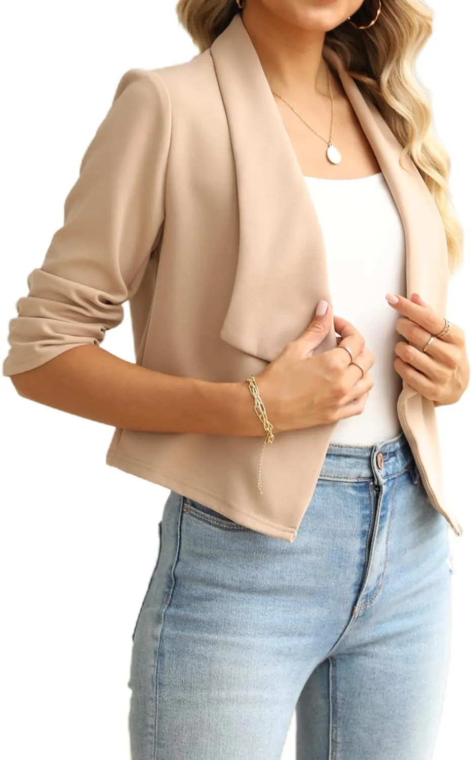 NIUBIA Womens Casual Short Blazer 3/4 Sleeve Knit Cropped Office Business Open Front Blazer Jackets