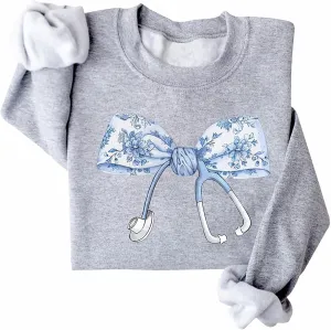 Nurse Stethoscope Bow Sweatshirt Nurse Toile Blue Bow Sweatshirt Cute Funny Nurse Graphic Loos Fit Pullover Tops