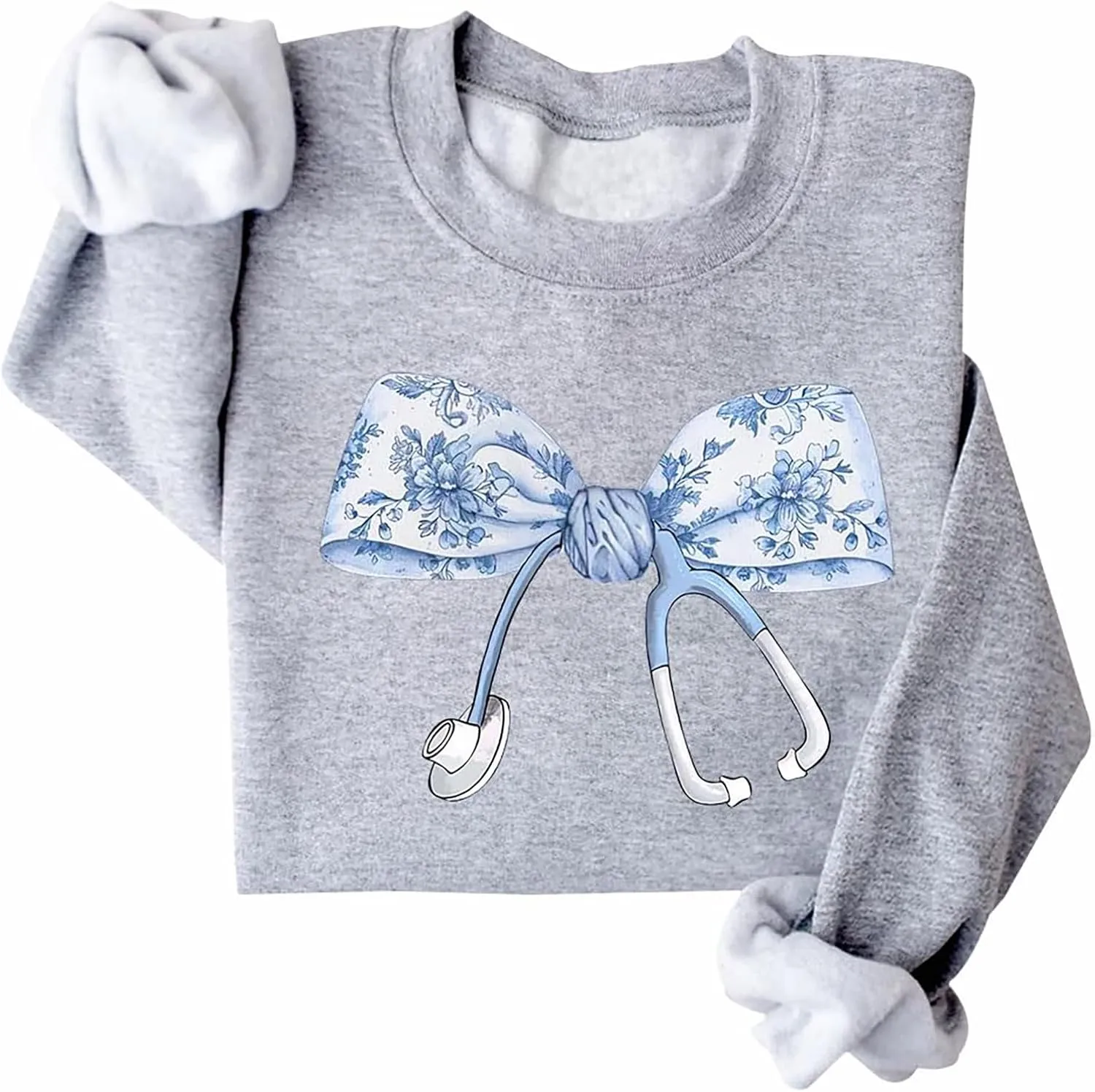 Nurse Stethoscope Bow Sweatshirt Nurse Toile Blue Bow Sweatshirt Cute Funny Nurse Graphic Loos Fit Pullover Tops