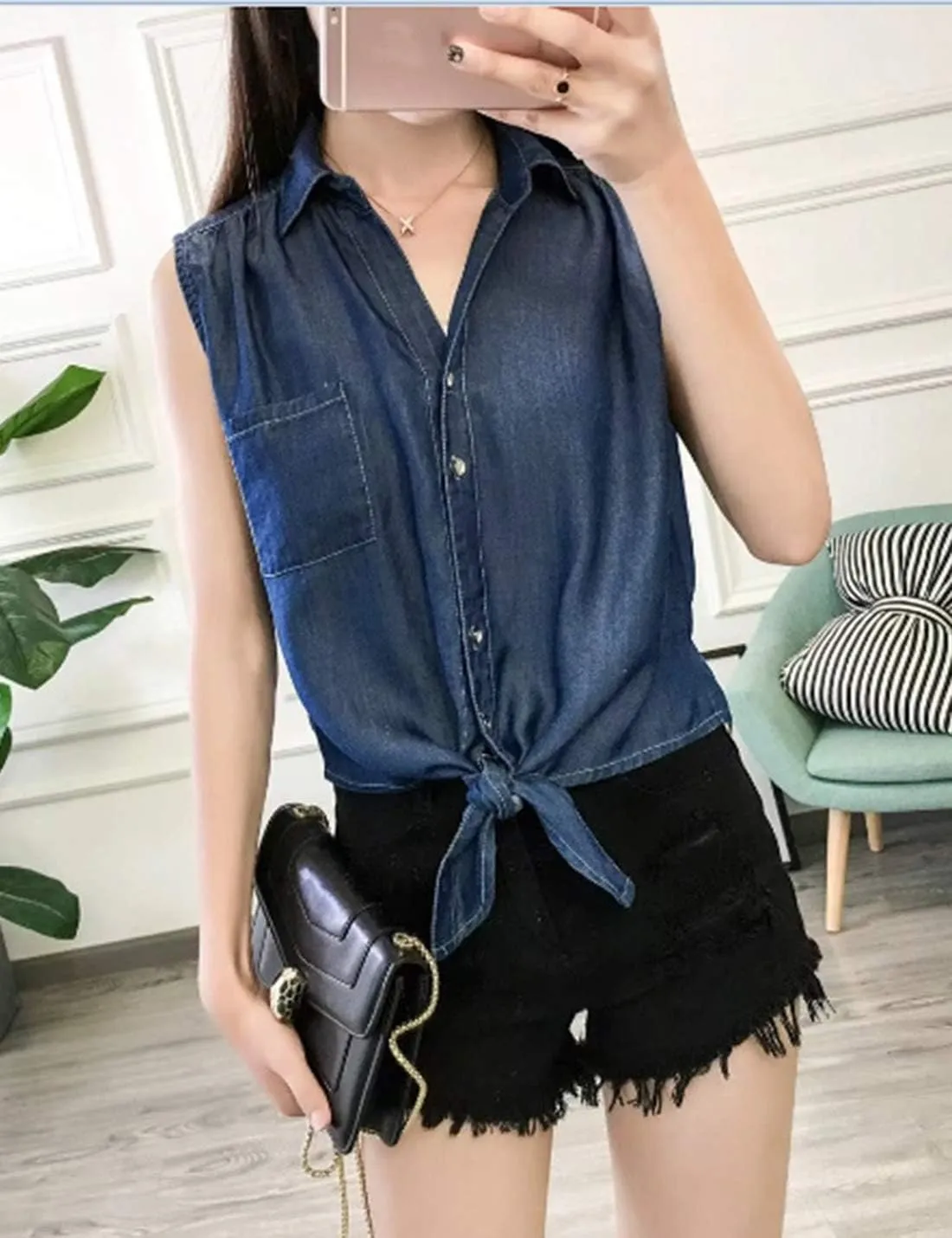 Omoone Women's 3/4 Sleeve Denim Crop Top Tie Knot Shirt Cardigan