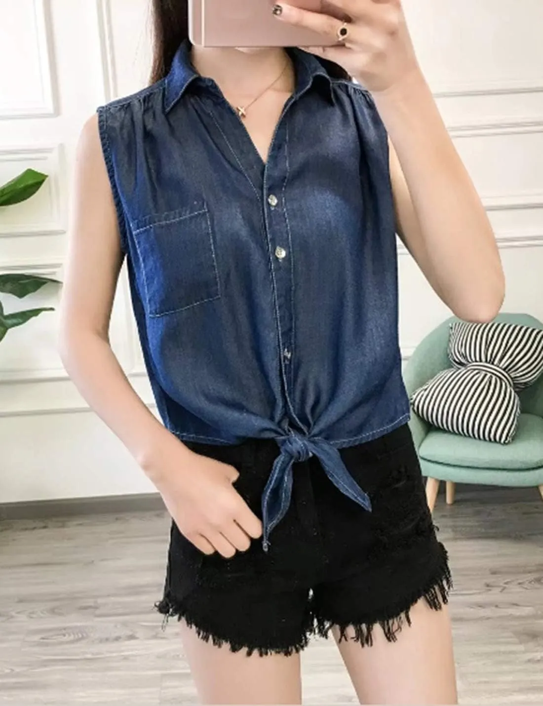 Omoone Women's 3/4 Sleeve Denim Crop Top Tie Knot Shirt Cardigan