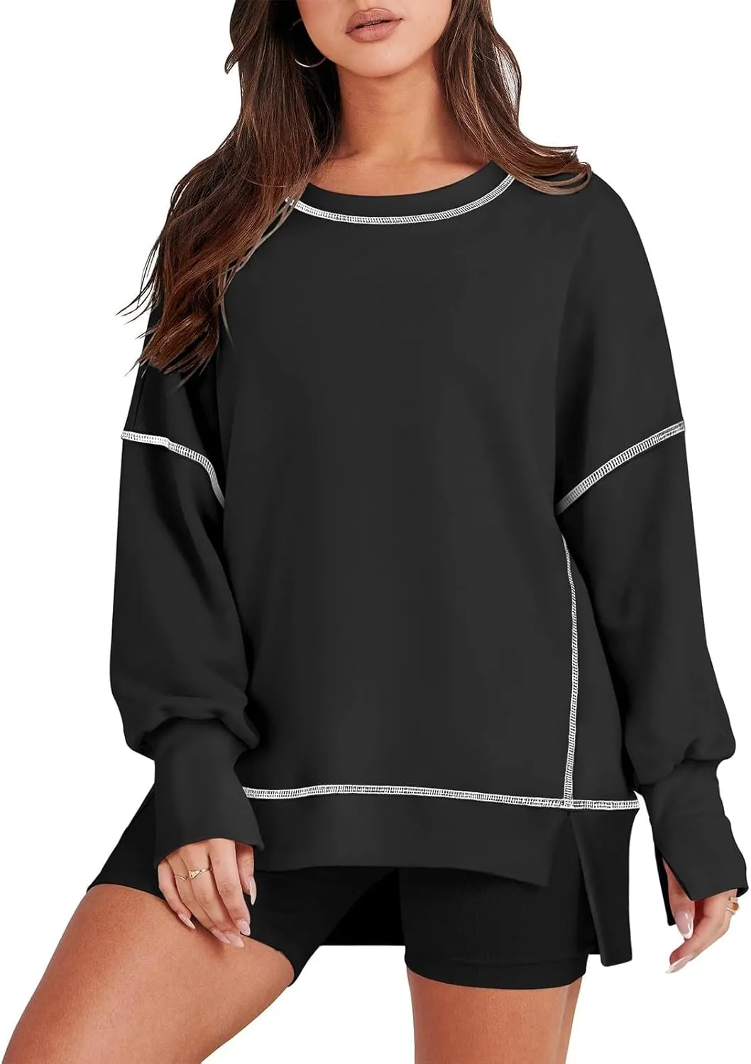 Oversized Crewneck Sweatshirt Women Loose Fit Trendy High Low Tops Casual Lightweight Stitch Hoodies Fall Clothes