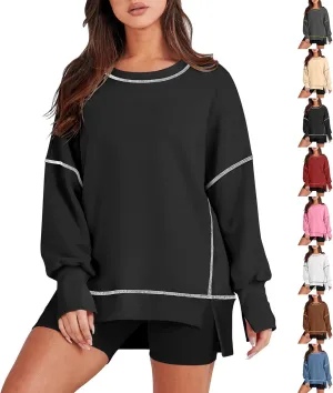Oversized Crewneck Sweatshirt Women Loose Fit Trendy High Low Tops Casual Lightweight Stitch Hoodies Fall Clothes