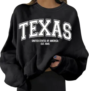 Oversized Hoodie For Women Texas Sweatshirt For Women Letter Graphic Crewneck Oversized Casual Tops Teen Athletic Long Sleeve 2024 Fall Pullover Black Medium