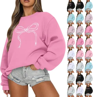Oversized Sweatshirt for Women Fleece Bow Print Crewneck Sweatshirts Long Sleeve Drop Shoulder Comfy Cotton Pullover