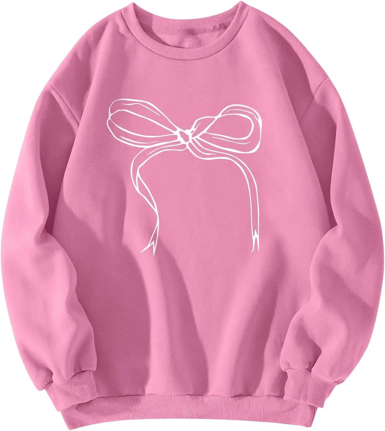 Oversized Sweatshirt for Women Fleece Bow Print Crewneck Sweatshirts Long Sleeve Drop Shoulder Comfy Cotton Pullover