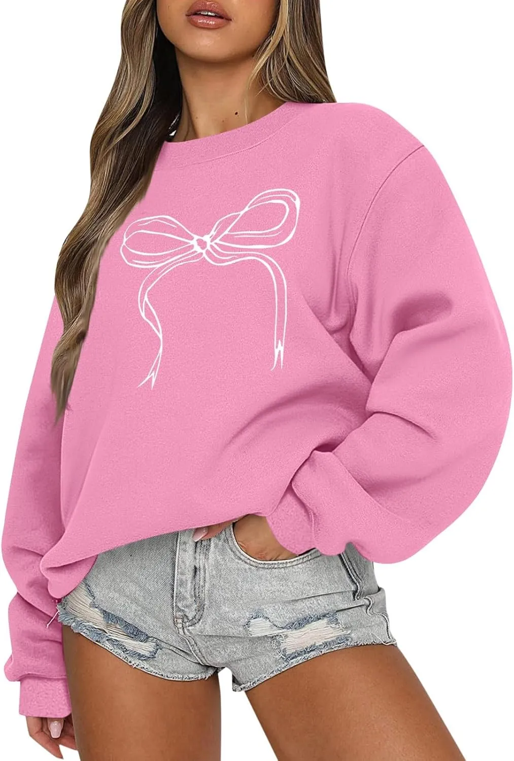 Oversized Sweatshirt for Women Fleece Bow Print Crewneck Sweatshirts Long Sleeve Drop Shoulder Comfy Cotton Pullover