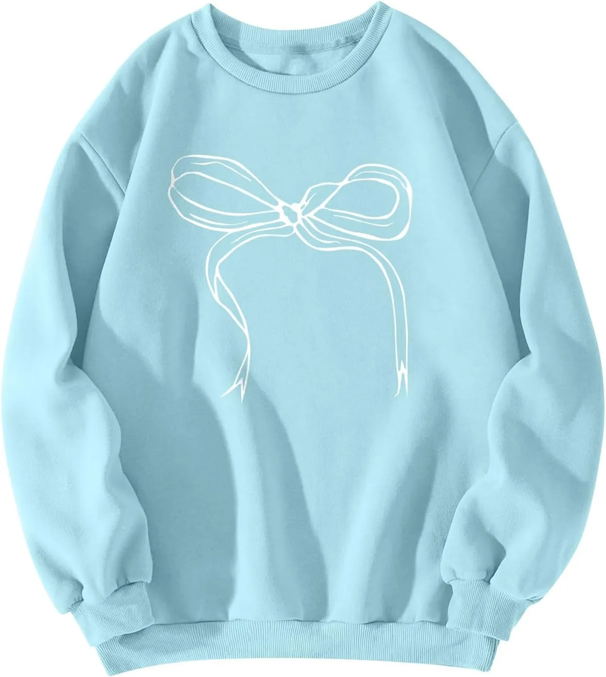Oversized Sweatshirt for Women Fleece Bow Print Crewneck Sweatshirts Long Sleeve Drop Shoulder Comfy Cotton Pullover