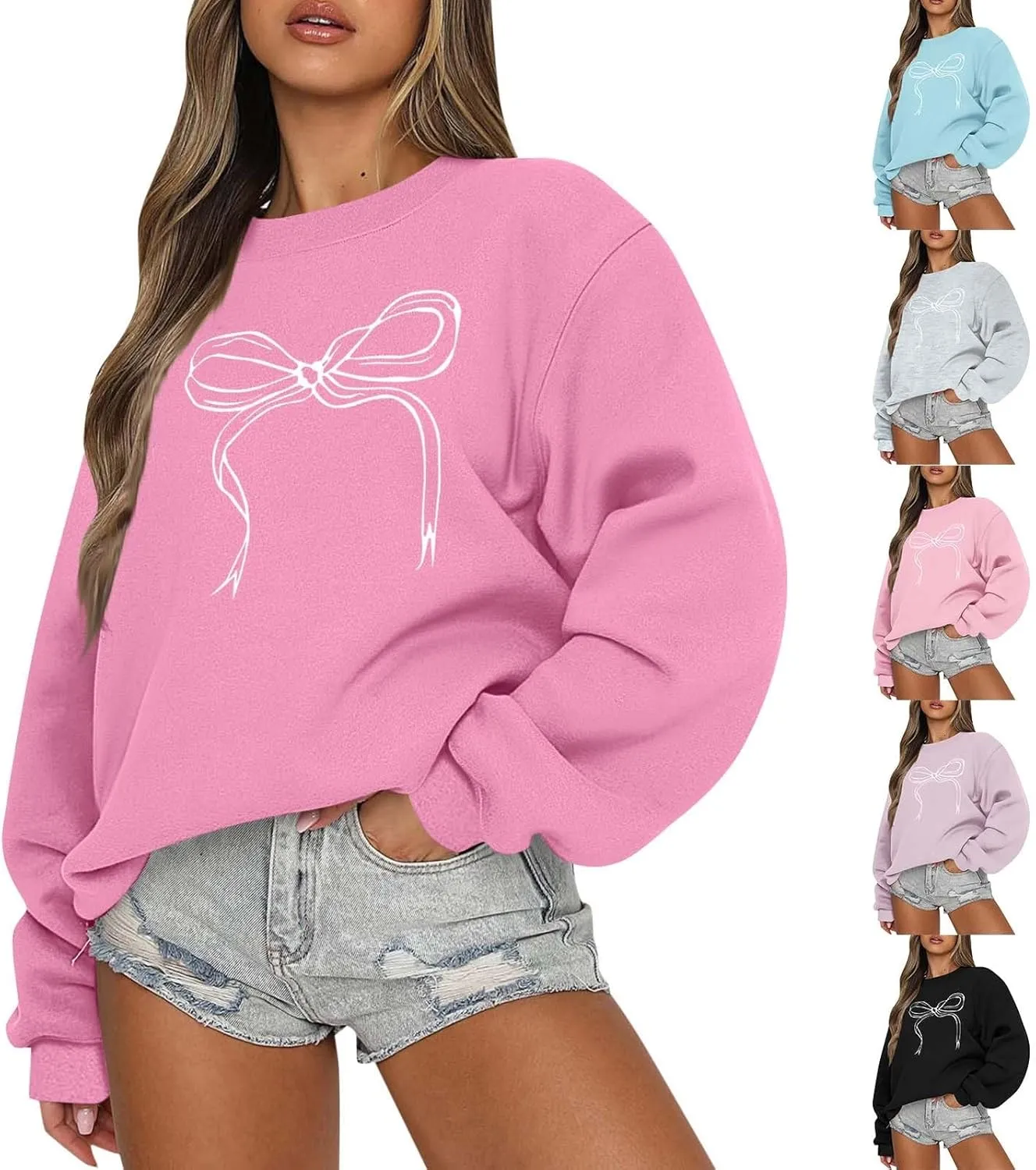 Oversized Sweatshirt for Women Fleece Bow Print Crewneck Sweatshirts Long Sleeve Drop Shoulder Comfy Cotton Pullover
