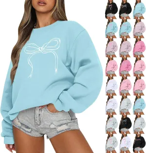 Oversized Sweatshirt for Women Fleece Bow Print Crewneck Sweatshirts Long Sleeve Drop Shoulder Comfy Cotton Pullover