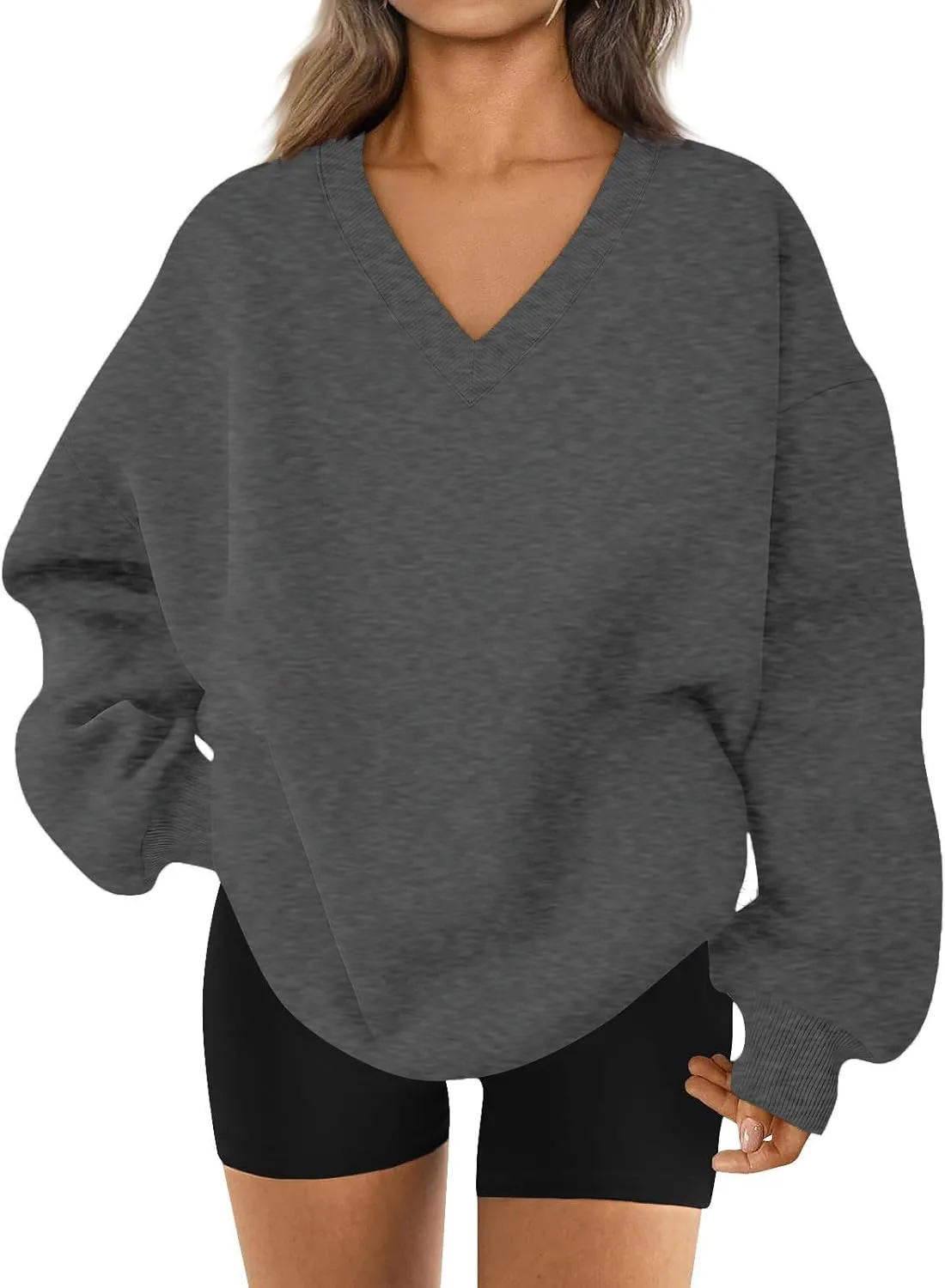 Oversized Sweatshirt for Women Fleece Hoodies Pullover V Neck Long Sleeve Shirts Sweatshirt No Hood Loose Fitting Tops