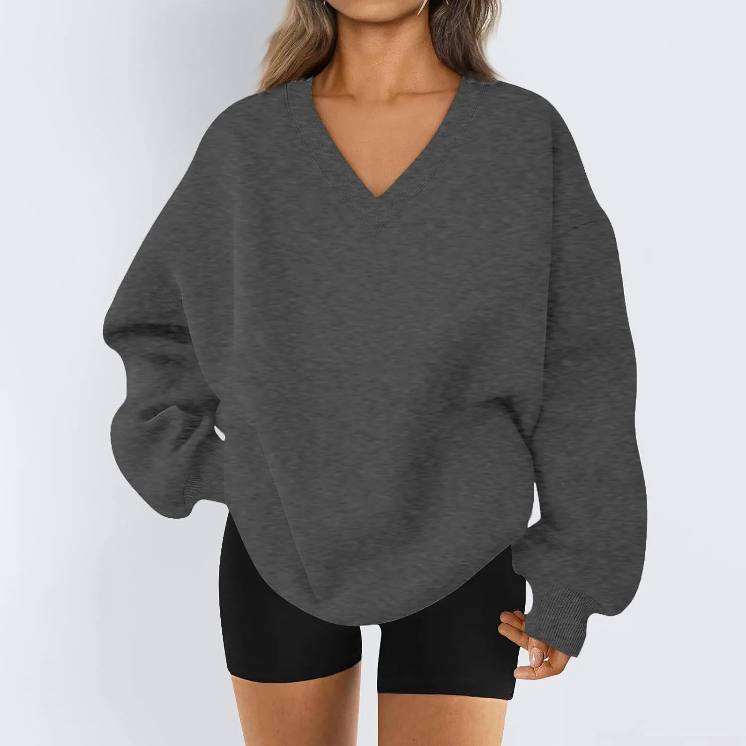 Oversized Sweatshirt for Women Fleece Hoodies Pullover V Neck Long Sleeve Shirts Sweatshirt No Hood Loose Fitting Tops