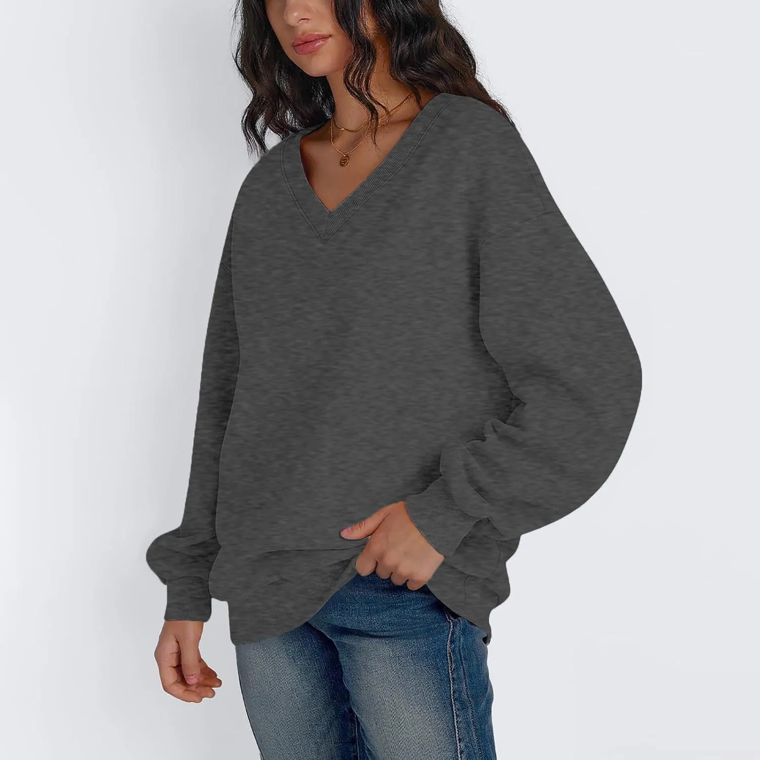 Oversized Sweatshirt for Women Fleece Hoodies Pullover V Neck Long Sleeve Shirts Sweatshirt No Hood Loose Fitting Tops