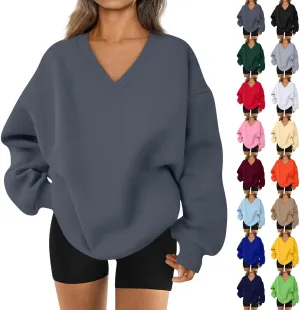 Oversized Sweatshirt For Women,2024 Trendy V Neck Soft Fleece Preppy Sweatshirt Long Sleeve Pullover Fall Clothes